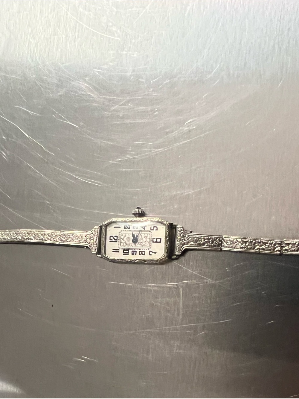 Non Working Antique Engraved Floral 14K Gold Filled Ladies Watch with Blue Hands
